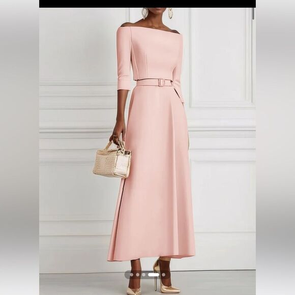 Fehaute Pink Classic Off The Shoulder Half Sleeve A-Line Maxi Dress - Picture 1 of 11